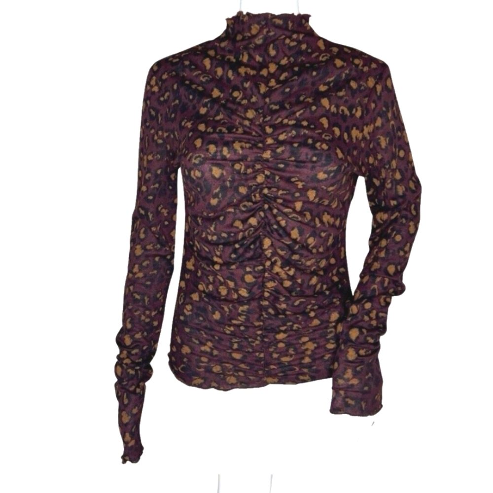 Free People Shirt Womens S Purple Cheetah Print Turtleneck Ruched Edgy Rock
